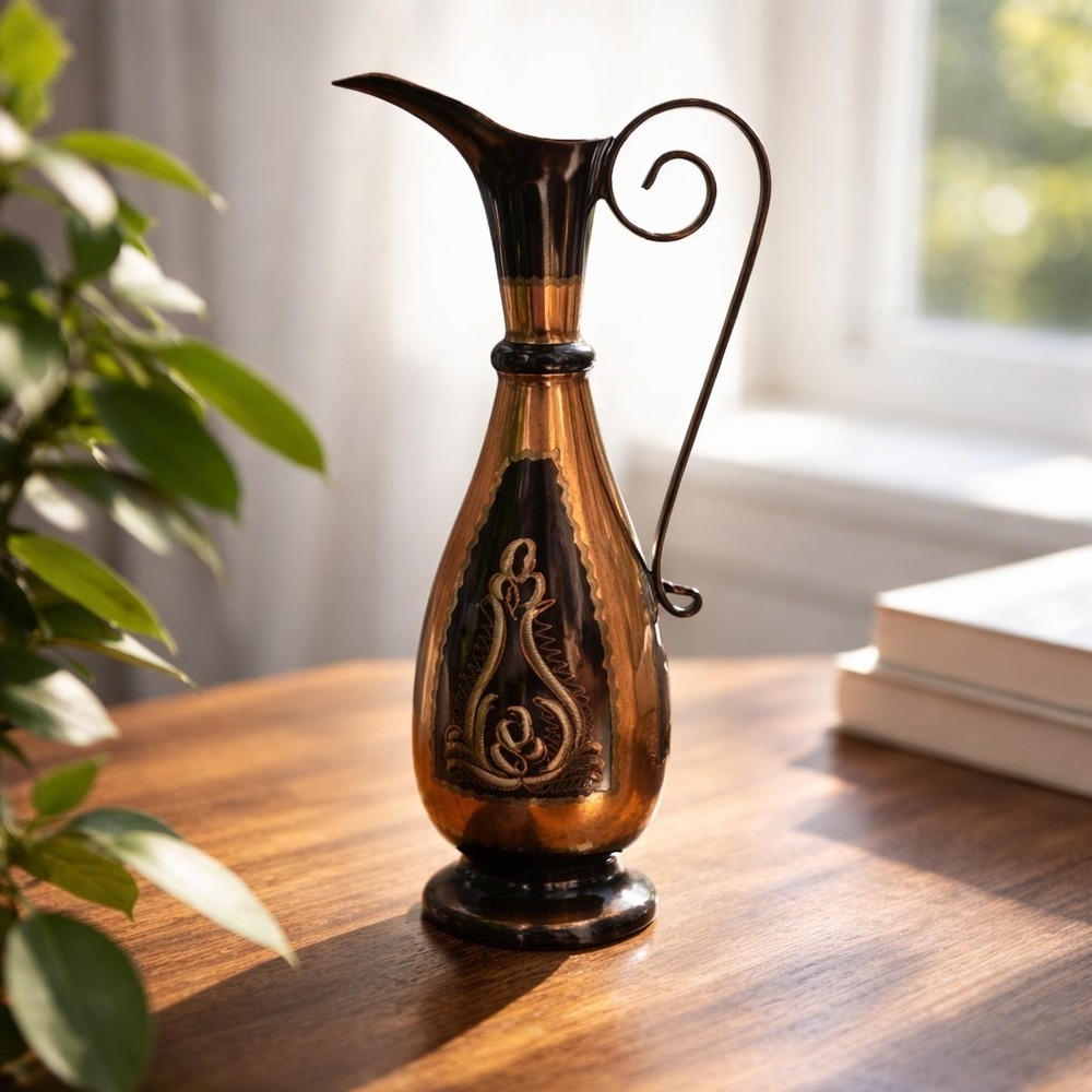 Vintage Copper Turkish 7" With Black Enamel Etched Floral Design Oil Pitcher